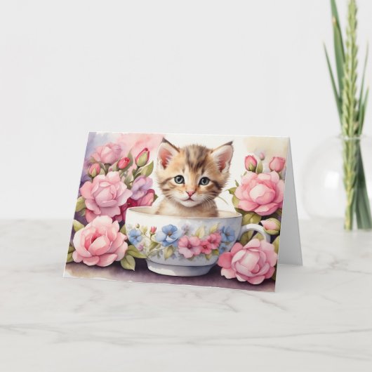 Schattigee Waterverf Kitten in Floral Teacup Kaart (Voorkant)
