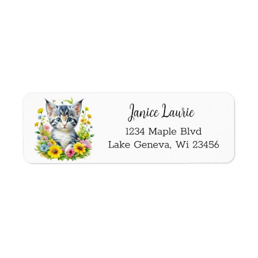 Schattigee Waterverf Kitten in Flowers Etiket (Voorkant)