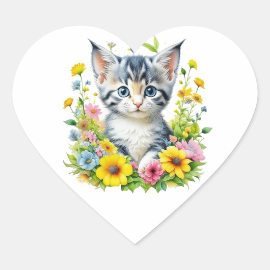 Schattigee Waterverf Kitten in Flowers Hart Sticker (Voorkant)