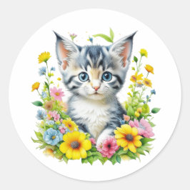 Schattigee Waterverf Kitten in Flowers Ronde Sticker