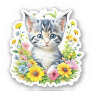 Schattigee Waterverf Kitten in Flowers Sticker
