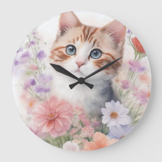 Schattigee Waterverf Kitten met Floral Grote Klok (Voorkant)