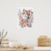 Schattigee Waterverf Kitten met Floral Poster (Keuken)