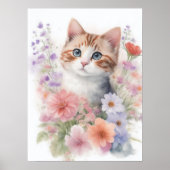 Schattigee Waterverf Kitten met Floral Poster (Voorkant)