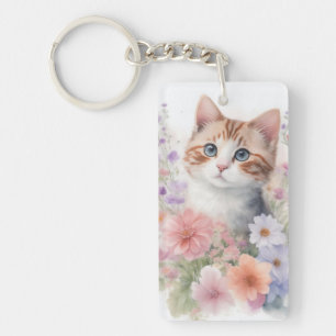 Schattigee Waterverf Kitten met Floral Sleutelhanger