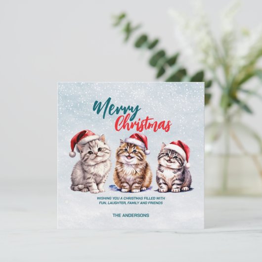 Schattigee waterverf kitty cat Santa Merry Christm Bedankkaart (Staand voorkant)