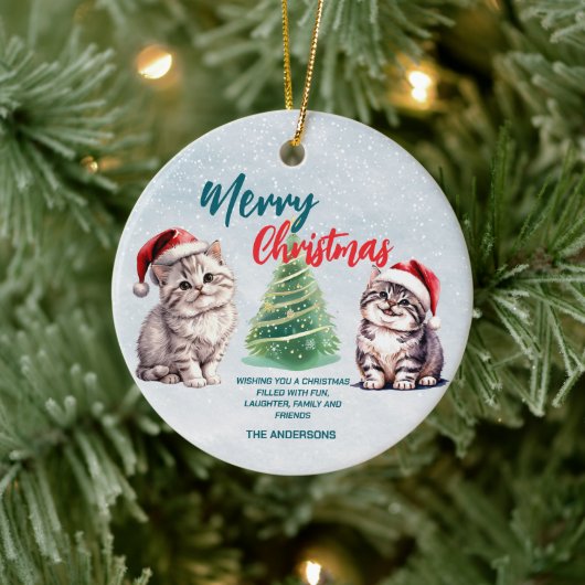 Schattigee waterverf kitty cat Santa Merry Christm Keramisch Ornament (Boom)