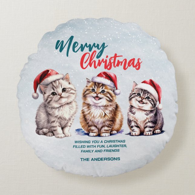 Schattigee waterverf kitty cat Santa Merry Christm Rond Kussen (Voorkant)