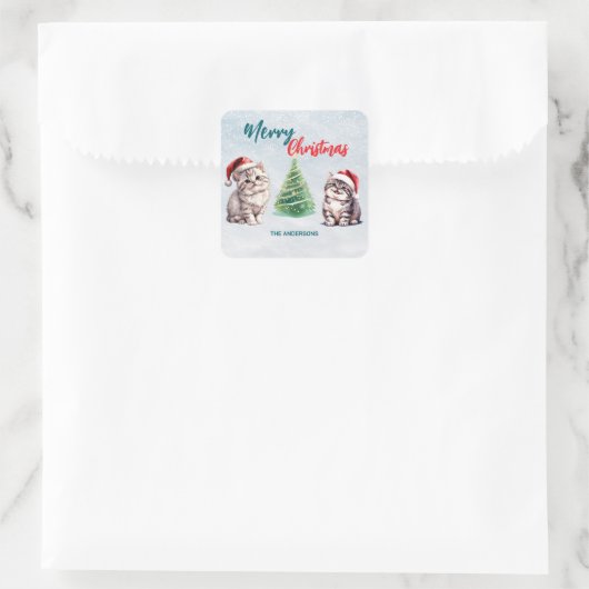 Schattigee waterverf kitty cat Santa Merry Christm Vierkante Sticker (Tas)