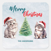 Schattigee waterverf kitty cat Santa Merry Christm Vierkante Sticker (Voorkant)