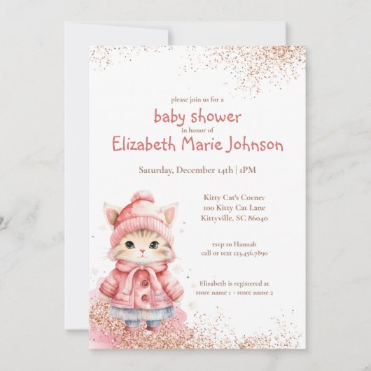 Schattigee Waterverf Kitty Cat Winter Coat Baby sh Kaart (Voorkant)