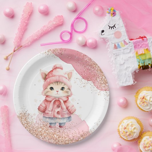 Schattigee Waterverf Kitty Cat Winter Coat Party Papieren Bordje (Feest)
