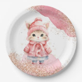 Schattigee Waterverf Kitty Cat Winter Coat Party Papieren Bordje (Voorkant)