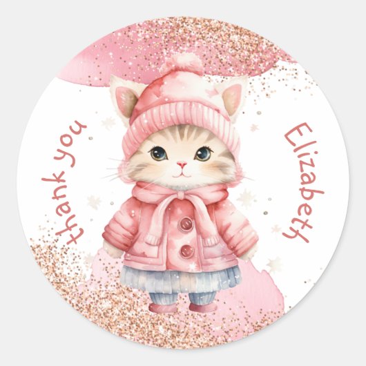 Schattigee Waterverf Kitty Cat Winter Coat Party Ronde Sticker (Voorkant)