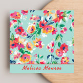 Schattigee Waterverf Kleurrijke Roze Bloemen Scrip Vierkante Visitekaartje