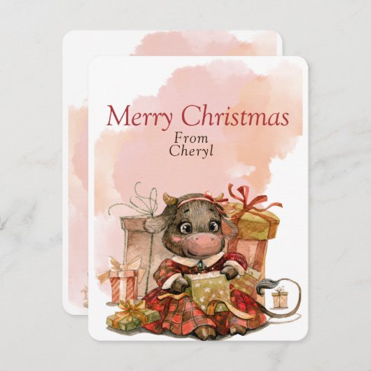 Schattigee Waterverf Koe Feestdagenkaart (Voorkant / Achterkant)