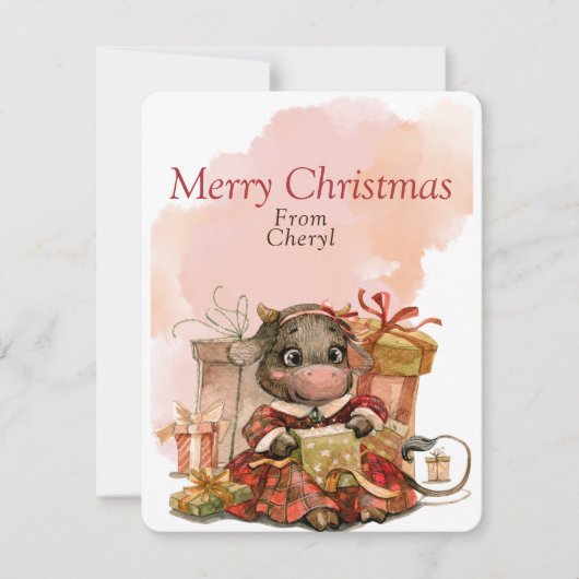 Schattigee Waterverf Koe Feestdagenkaart (Voorkant)