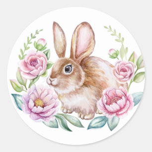 Schattigee waterverf konijn en roze bloemen ronde sticker