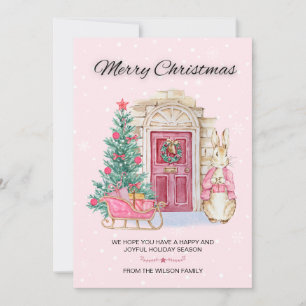 Schattigee Waterverf konijn vrolijke kerstboom Feestdagenkaart