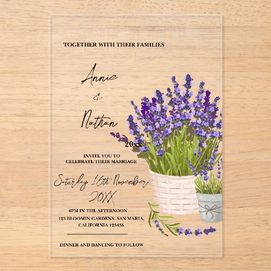 Schattigee Waterverf Lavendelstengels in een Baske Acryl Uitnodigingen (Voorkant)