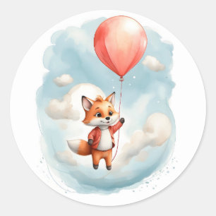 Schattigee Waterverf Little Fox Big Red Balloon Ronde Sticker