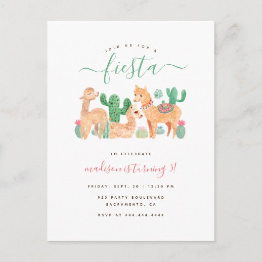 Schattigee Waterverf Llama Fiesta Kids Verjaardag Uitnodiging Briefkaart (Voorkant)