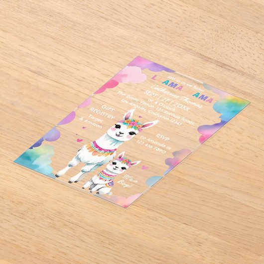 Schattigee Waterverf Llama Mama Baby shower Acryl Uitnodigingen (Laagn)