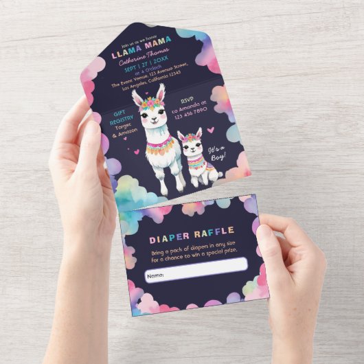 Schattigee Waterverf Llama Mama Baby shower All In One Uitnodiging (Afscheurbaar)
