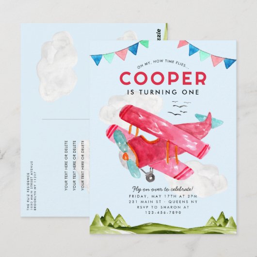 Schattigee Waterverf Luchtvaart Sky Red Vliegtuig  Briefkaart (Voorkant / Achterkant)