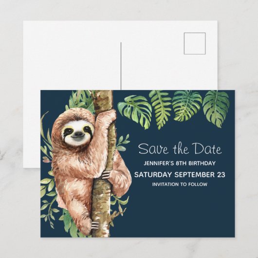 Schattigee Waterverf luiaard & tropische bladeren Uitnodiging Briefkaart (Voorkant / Achterkant)