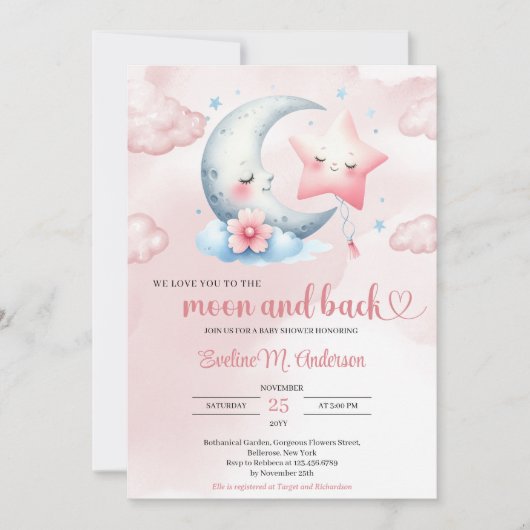 Schattigee waterverf maan en roze ster baby shower kaart (Voorkant)