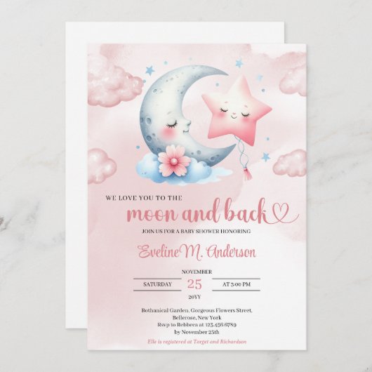 Schattigee waterverf maan en roze ster baby shower kaart (Voorkant / Achterkant)