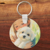 Schattigee Waterverf Meisje Maltese Puppy Sleutelh Sleutelhanger (Voorkant)