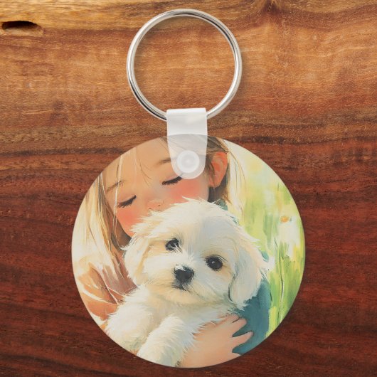 Schattigee Waterverf Meisje Maltese Puppy Sleutelh Sleutelhanger (Voorkant)