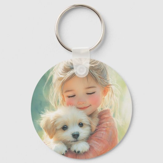 Schattigee Waterverf Meisje Maltese Puppy Sleutelh Sleutelhanger (Achterkant)