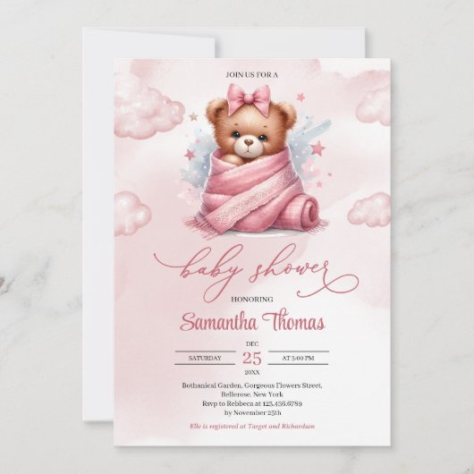 Schattigee Waterverf meisje teddybeer in luier met Kaart (Voorkant)