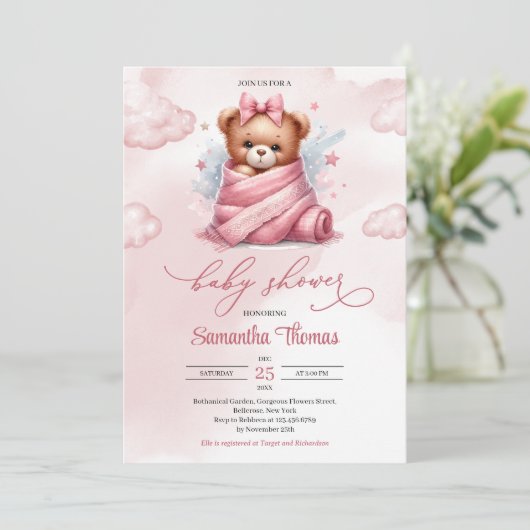 Schattigee Waterverf meisje teddybeer in luier met Kaart (Staand voorkant)