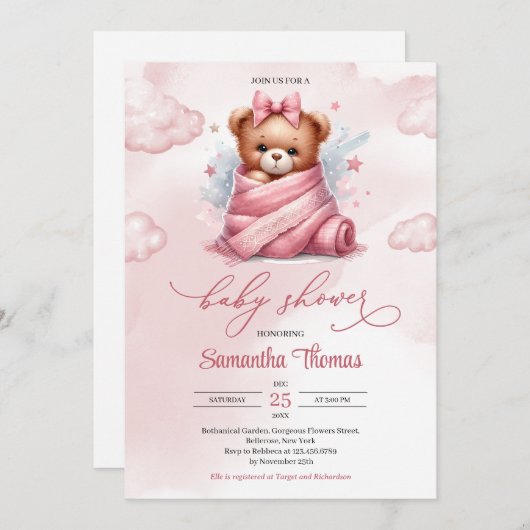 Schattigee Waterverf meisje teddybeer in luier met Kaart (Voorkant / Achterkant)