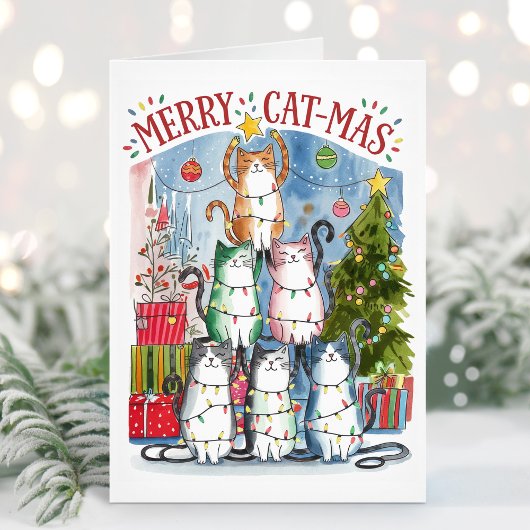 Schattigee Waterverf Merry Cat-Mas Cats Kerst Kaar Feestdagen Kaart