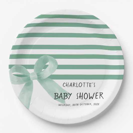 Schattigee Waterverf Mint Bow Baby shower Papieren Bordje (Voorkant)