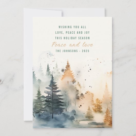 Schattigee waterverf mistig dennenbos kerst feestdagenkaart (Voorkant)