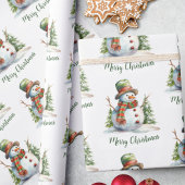 Schattigee Waterverf Modern Rood Groen Sneeuwman K Cadeaupapier