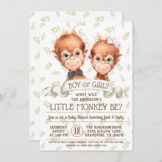 Schattigee Waterverf Monkey Gender Reveal Kaart (Voorkant / Achterkant)