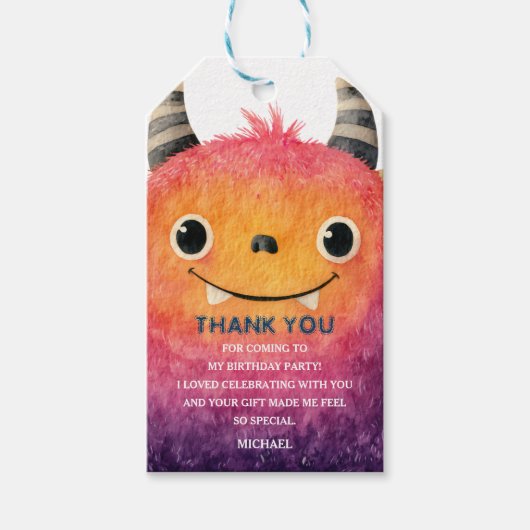 Schattigee Waterverf Monster Kinderen Verjaardag B Cadeaulabel (Voorkant)