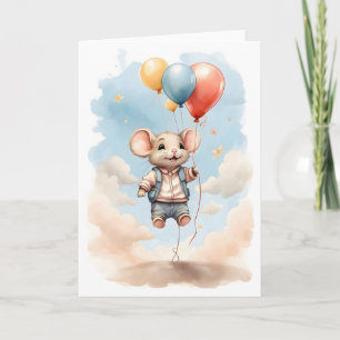 Schattigee Waterverf Mouse Drijvend met Ballonnen  Kaart