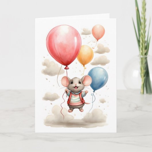 Schattigee Waterverf Mouse Drijvend met Ballonnen  Kaart (Voorkant)