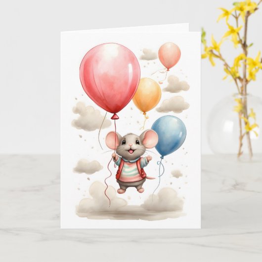 Schattigee Waterverf Mouse Drijvend met Ballonnen  Kaart (Gele Bloem)