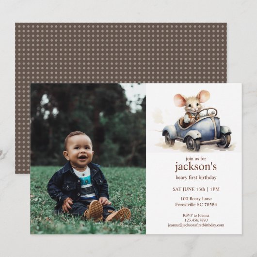 Schattigee Waterverf Mouse in Blauwe Auto 1e Verja Kaart (Voorkant / Achterkant)