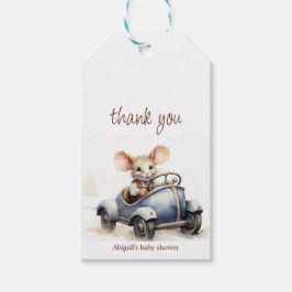 Schattigee Waterverf Mouse in Blue Car Baby shower Cadeaulabel