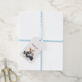 Schattigee Waterverf Mouse in Blue Car Baby shower Cadeaulabel